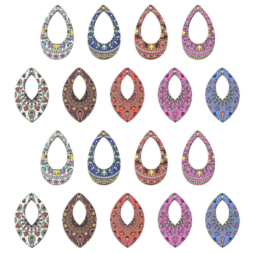 8072 45 Pcs Bohemian Style Wood Charms Printed Basswood Pendants Wooden